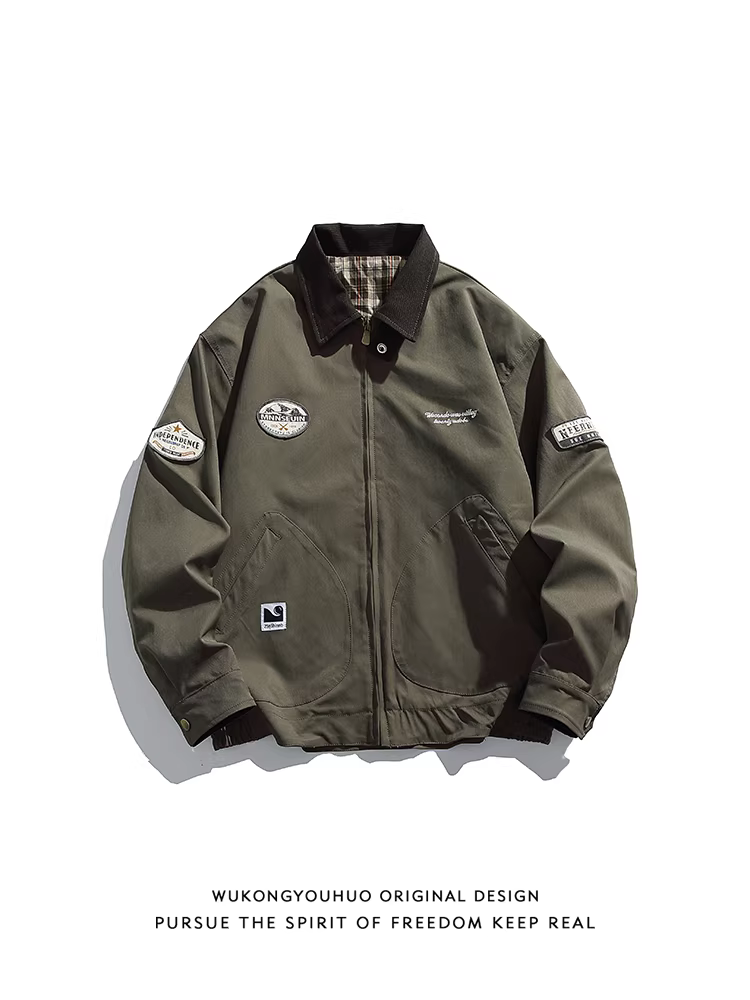 Wukong có sẵn áo khoác có cổ phối màu thêu logo theo phong cách Nhật Bản cổ điển dành cho nam và nữ, áo khoác công sở đa năng dáng rộng hợp thời trang mùa thu.