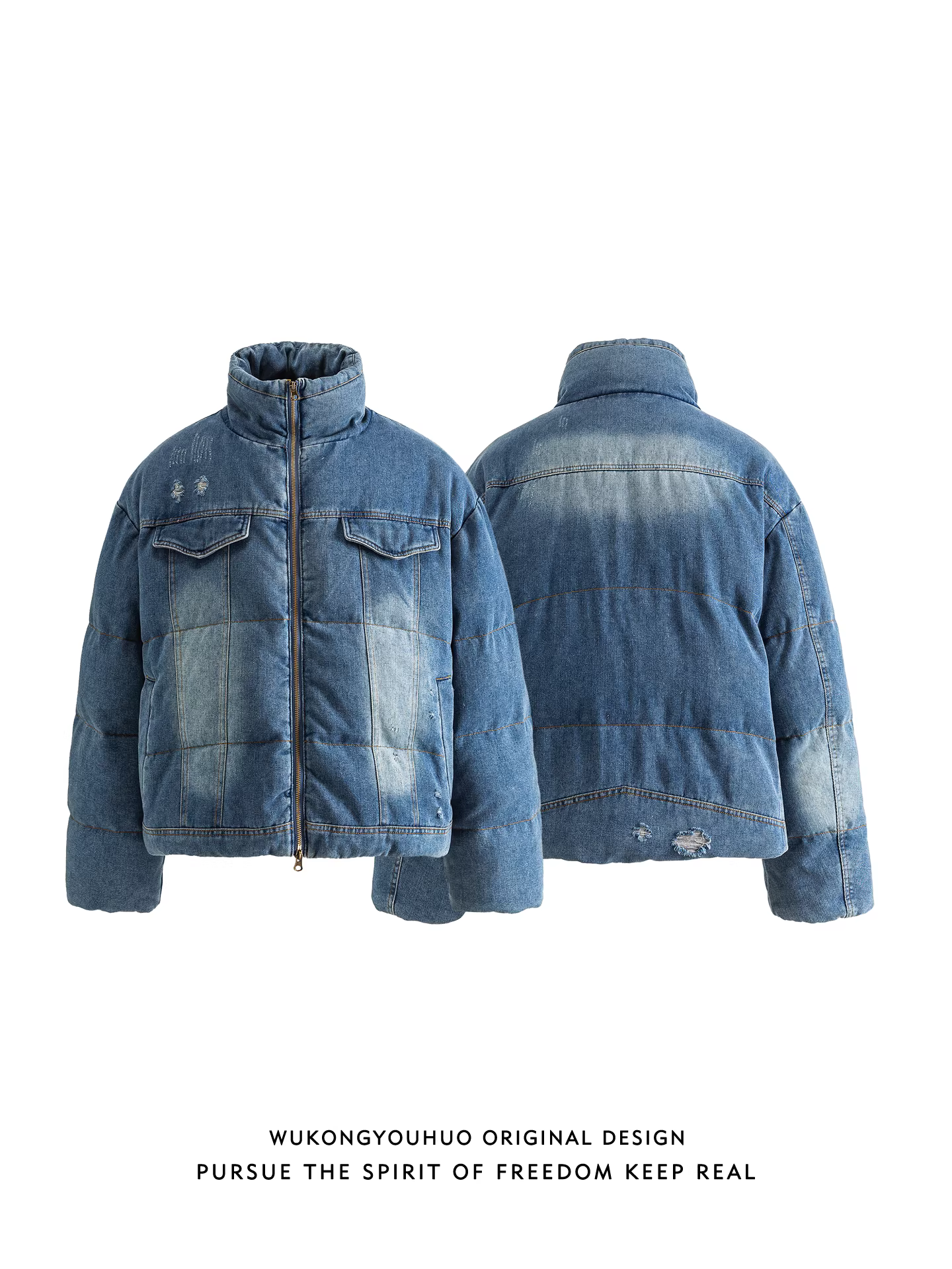 Wukong có sẵn áo khoác phao denim cổ đứng kiểu Mỹ mùa đông, chất liệu lông vũ trắng 90%, dành cho nam, thương hiệu thời trang retro, ấm áp và chống lạnh.