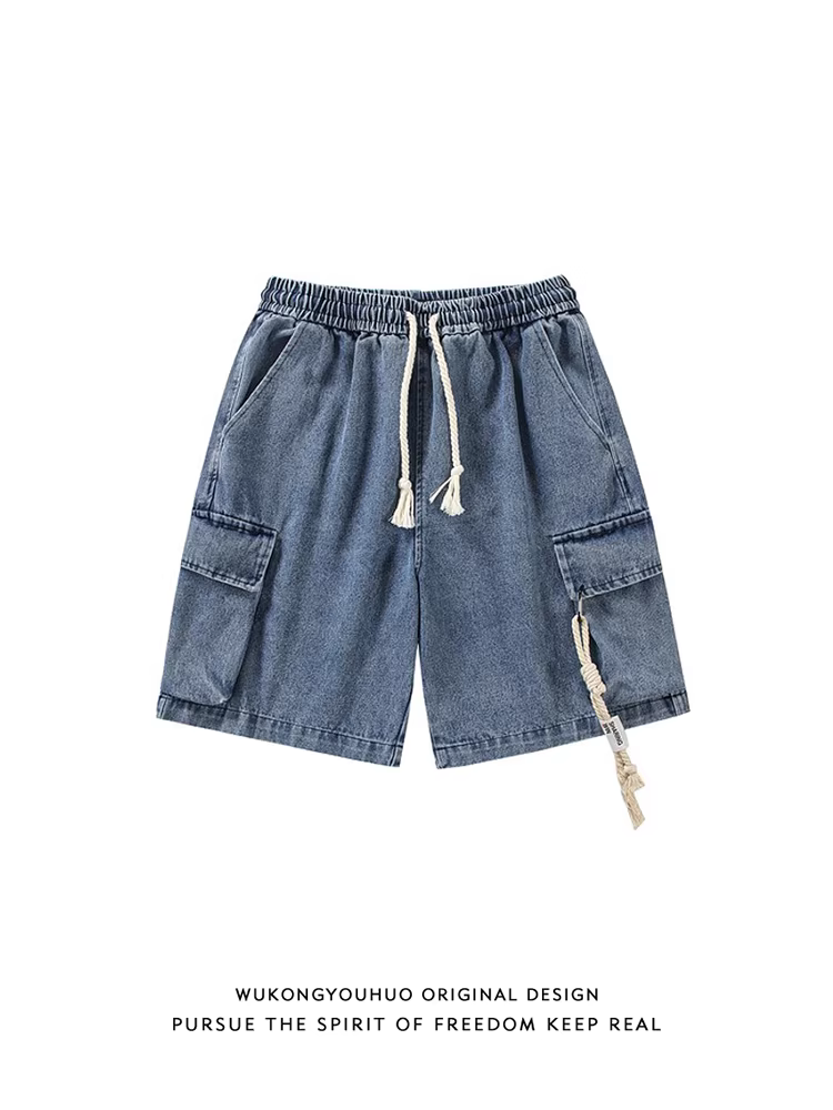 Wukong có sẵn quần short denim kiểu dáng thời trang mùa hè, phong cách làm cũ, dành cho nam, kiểu dáng vintage, rộng rãi, đa năng, dài đến đầu gối.