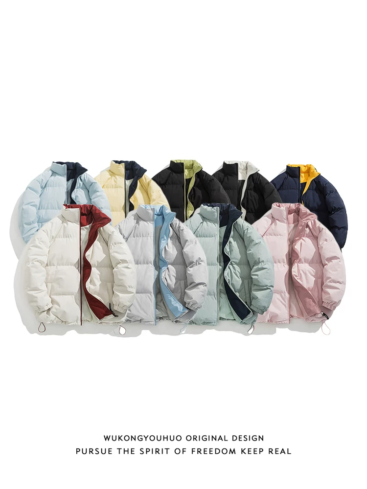 Áo khoác cotton cổ đứng phối màu cơ bản mùa đông của Wukong dành cho nam, thương hiệu thời thượng, dáng rộng, dày dặn, áo khoác lót bông ấm áp.