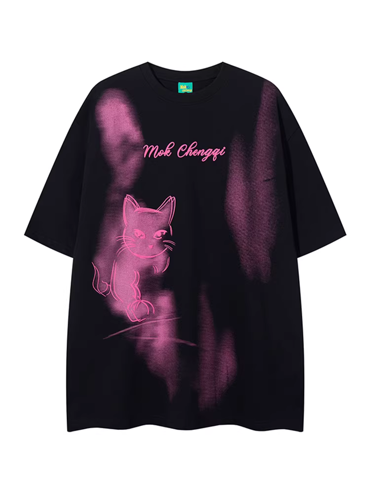 Wukong có sẵn áo thun ngắn tay in hình mèo graffiti theo phong cách Mỹ dành cho nam và nữ, áo thun rộng rãi đa năng dành cho cặp đôi mùa hè.