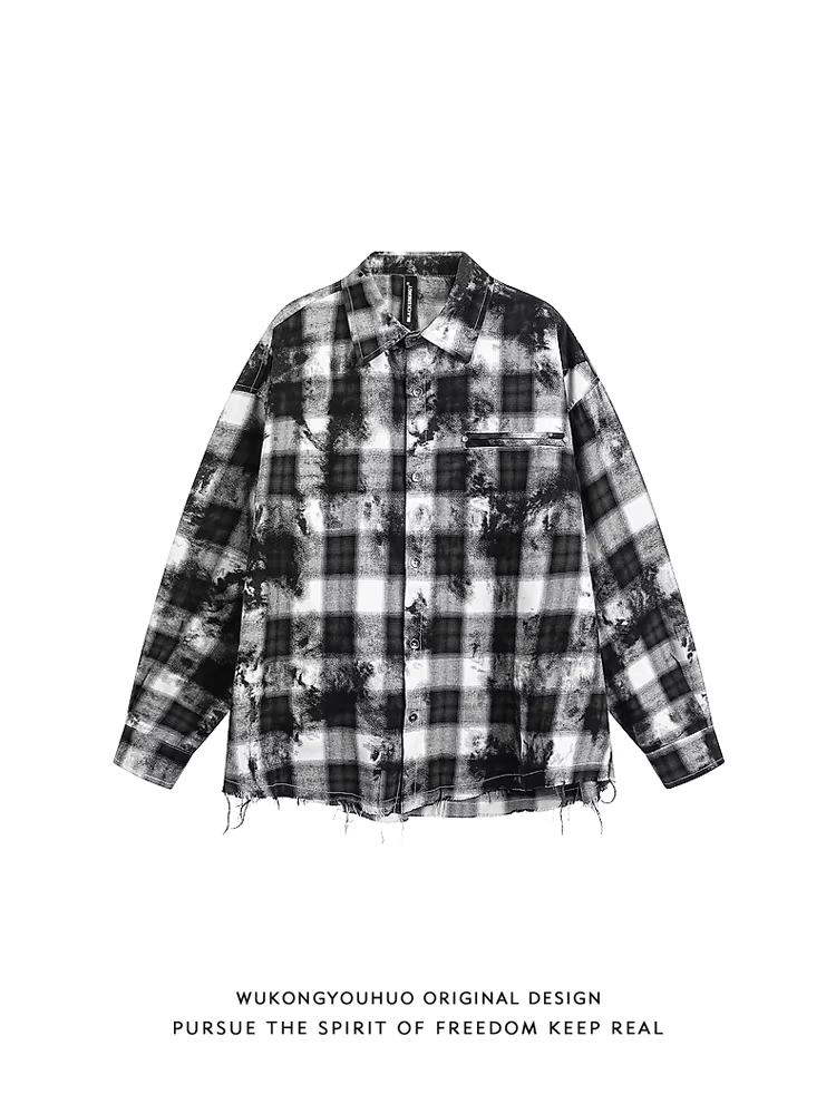 Wukong có sẵn áo sơ mi dài tay kẻ sọc đen trắng phong cách Mỹ thời thượng dành cho nam và nữ, áo sơ mi tua rua dáng rộng cổ điển phong cách đường phố.