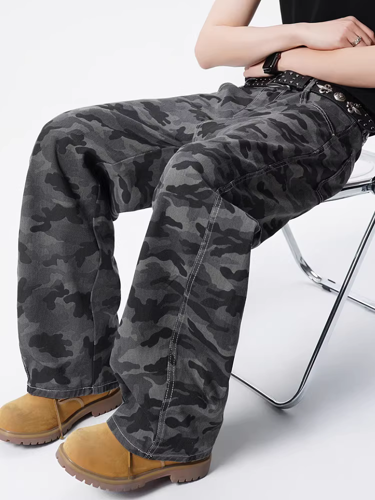 Wukong có sẵn quần cargo ống thẳng phối họa tiết rằn ri kiểu Mỹ thời thượng dành cho nam, quần dài đa năng phong cách đường phố cổ điển ống rộng.