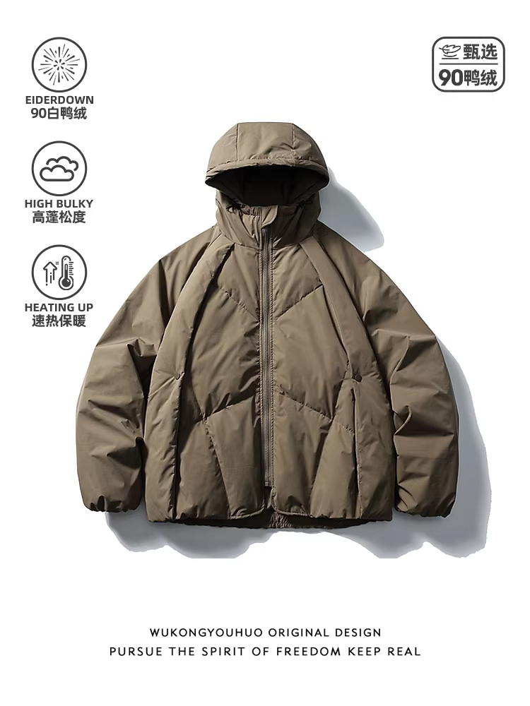 Ngộ Không có sẵn áo khoác phao mùa đông nam cao cấp, 90% lông vũ trắng, phong cách núi vintage, áo khoác ngoài ấm áp và dày dặn.