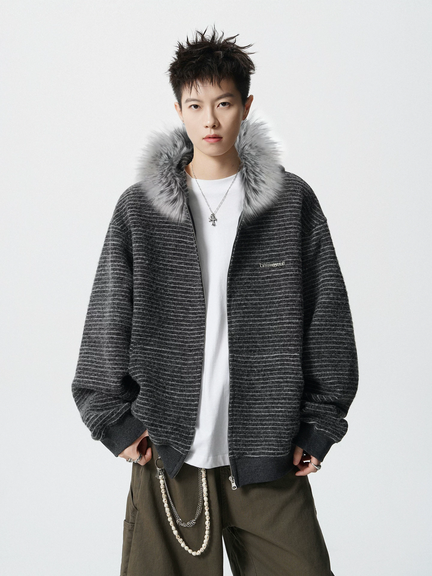 Wukong có sẵn áo khoác cardigan có mũ trùm đầu kiểu Mỹ, cổ lông sọc thời trang dành cho nam, dáng rộng, kiểu cặp đôi, phong cách lười biếng, áo khoác đa năng.