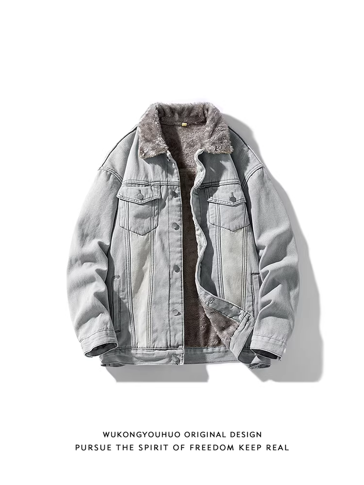 Áo khoác denim cotton dày dặn phong cách cổ điển mùa đông của Ngộ Không dành cho nam, áo khoác cotton ấm áp đa năng theo xu hướng retro.