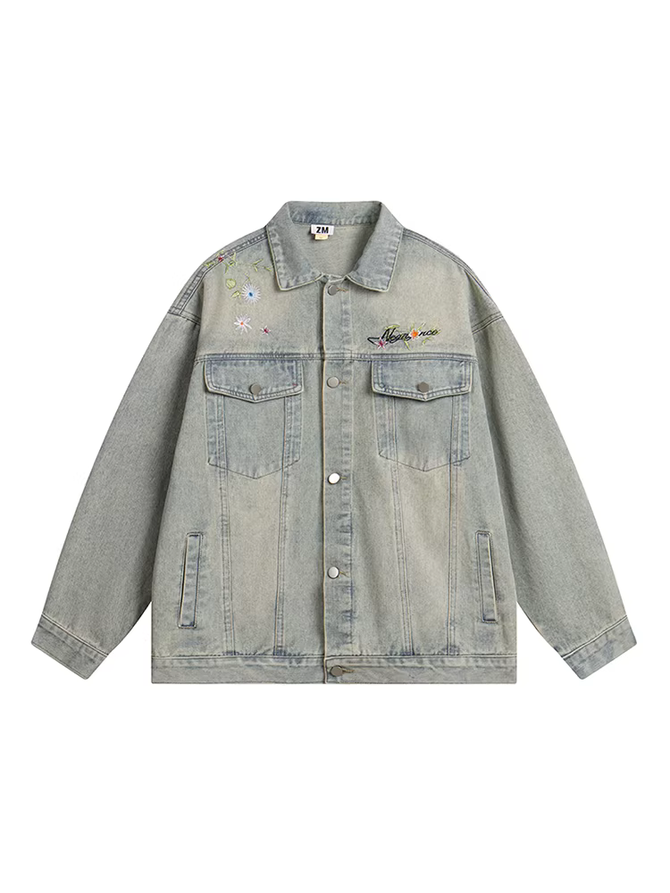 Wukong có sẵn áo khoác denim thêu hoa phong cách Mỹ thời thượng dành cho nam và nữ, áo khoác vintage dáng rộng đa năng dành cho cặp đôi.