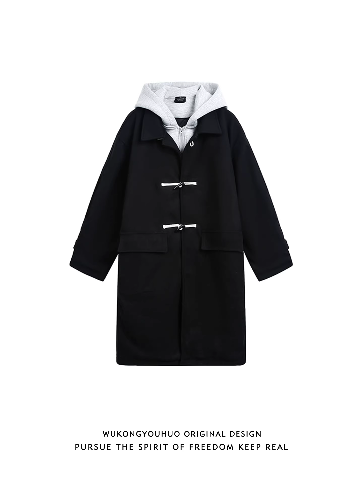 Wukong có sẵn áo khoác len giả hai mảnh phối màu cổ điển mùa đông dành cho nam, thương hiệu thời thượng, dáng rộng, áo khoác bông dài.
