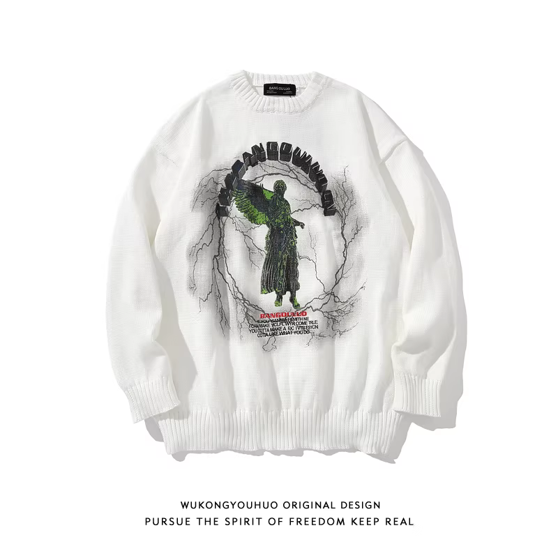 Wukong có sẵn áo len nam cổ tròn in họa tiết graffiti phong cách đường phố Mỹ, kiểu dáng rộng rãi, thoải mái, phong cách thời trang, áo len chui đầu kiểu BF.