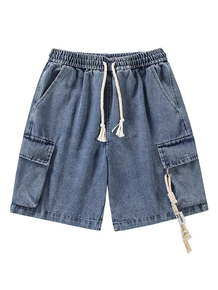 Wukong có sẵn quần short denim kiểu dáng thời trang mùa hè, phong cách làm cũ, dành cho nam, kiểu dáng vintage, rộng rãi, đa năng, dài đến đầu gối.