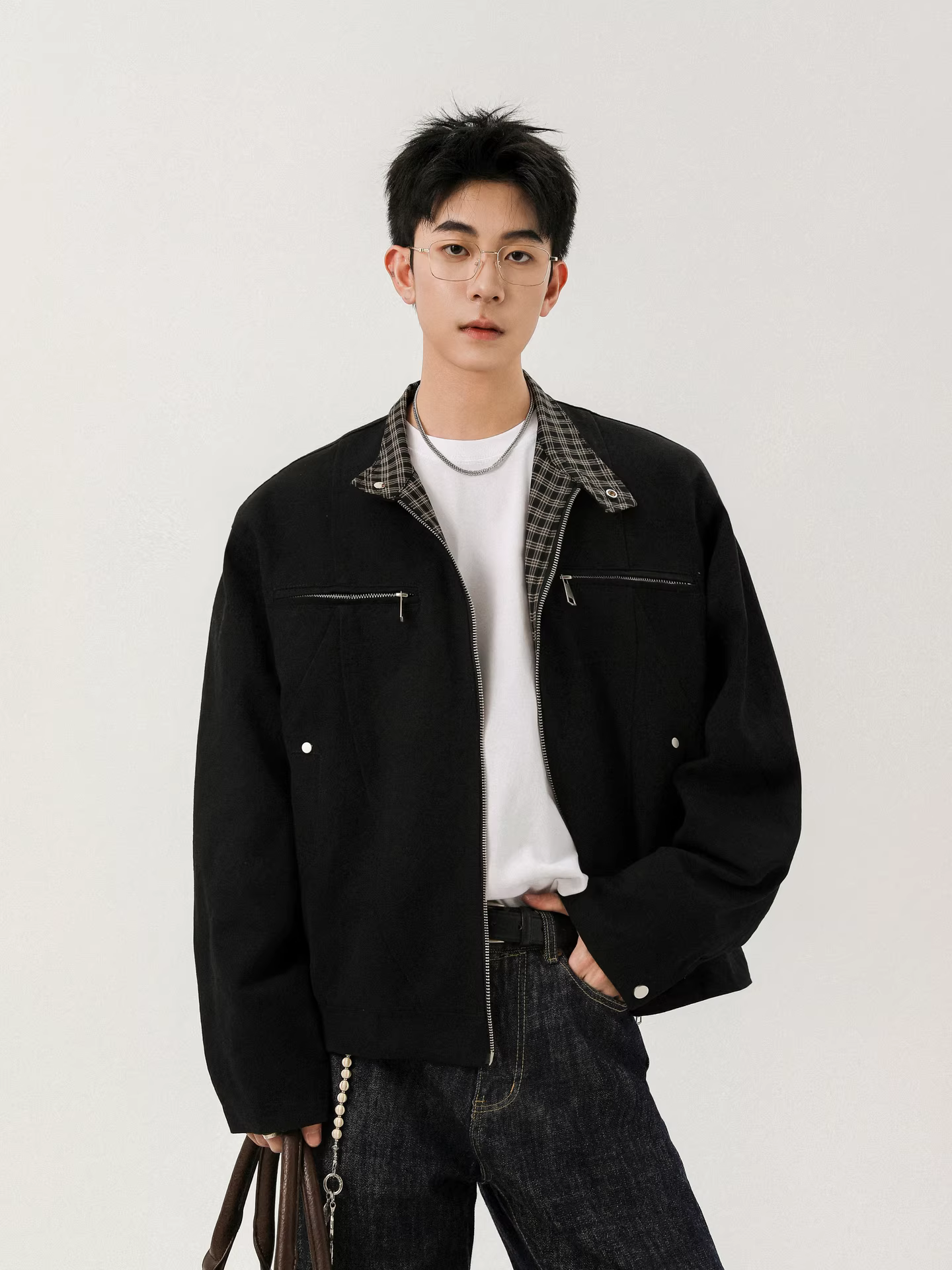 Wukong có sẵn áo khoác Harrington ngắn kiểu ghép vải houndstooth dành cho nam, phong cách retro Mỹ, áo khoác vải bố kiểu tiền cổ điển.