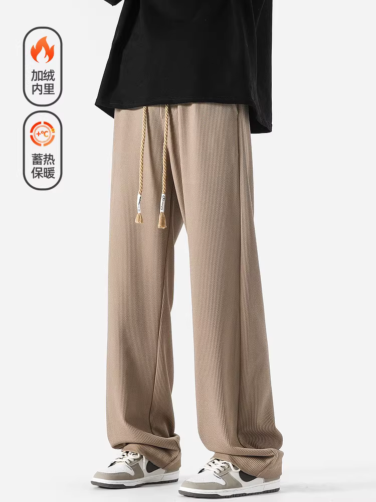 Wukong có sẵn quần nhung dày lót lông mùa đông dành cho nam, quần âu dáng thẳng chất liệu vải bố dày dặn màu trơn phong cách retro Nhật Bản.
