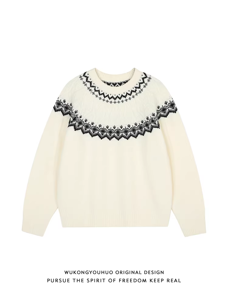 Wukong có sẵn áo len cổ tròn kiểu Fair Isle cổ điển dành cho nam và nữ, thời trang thu đông, hàng hiệu, phong cách cặp đôi, chất liệu dệt kim thoải mái.