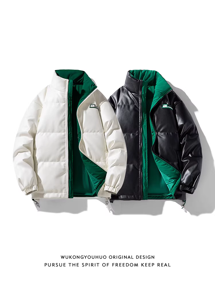 Áo khoác lông vũ mùa đông 90% lông vịt trắng, chất liệu da PU, cổ đứng, dành cho nam, thương hiệu thời thượng, dáng rộng, ấm áp và đa năng của Wukong.