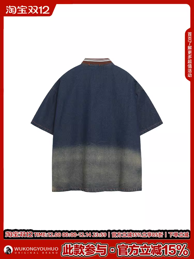 Wukong có sẵn áo thun denim ngắn tay phong cách đại học cổ điển Mỹ đã qua xử lý, dành cho nam và nữ, áo kiểu chữ V thời thượng dành cho cặp đôi mùa hè.