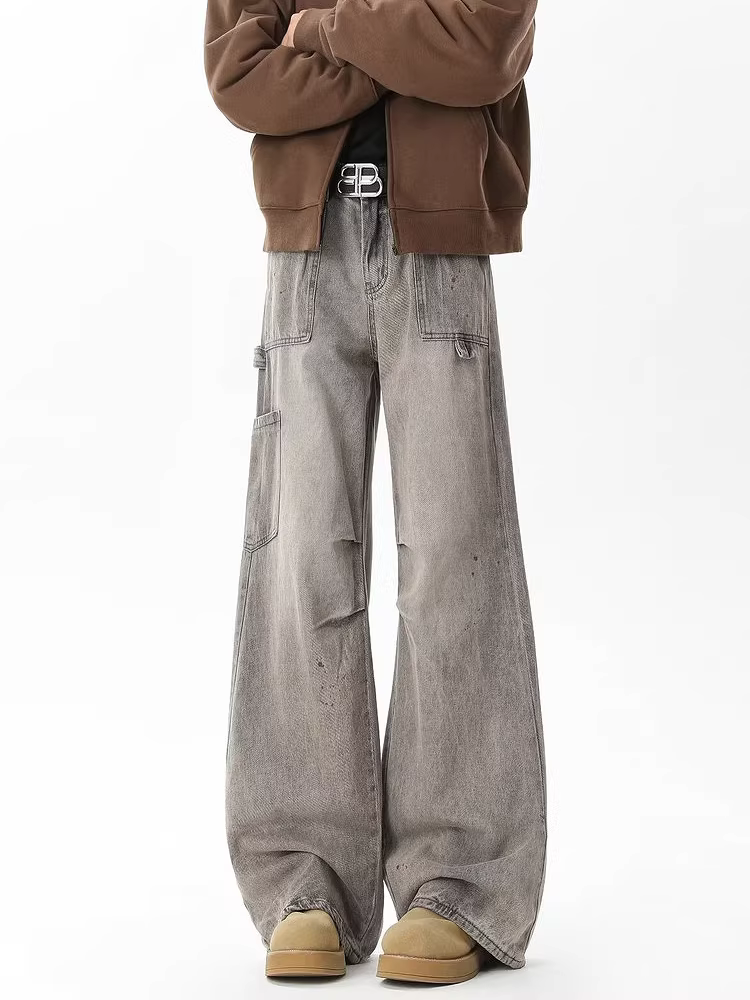 Ngộ Không có sẵn quần jean nam dáng thẳng xếp ly phong cách retro Mỹ, quần ống rộng dáng rộng thoải mái, thương hiệu thời thượng.
