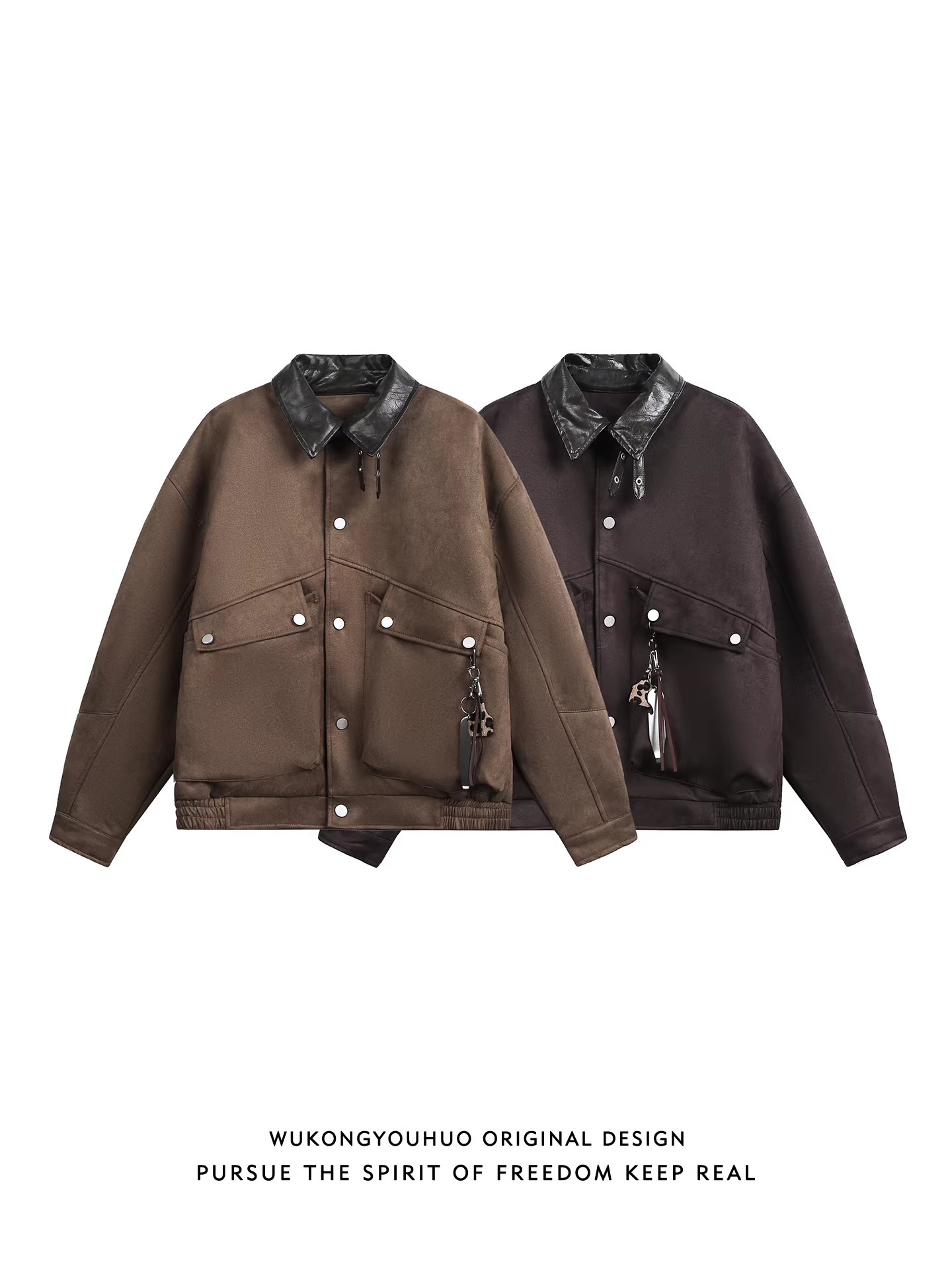 Wukong có sẵn áo khoác da lộn phối màu cổ điển kiểu Mỹ dành cho nam và nữ, áo khoác đa năng dáng rộng phong cách thời thượng thương hiệu cleanfit.