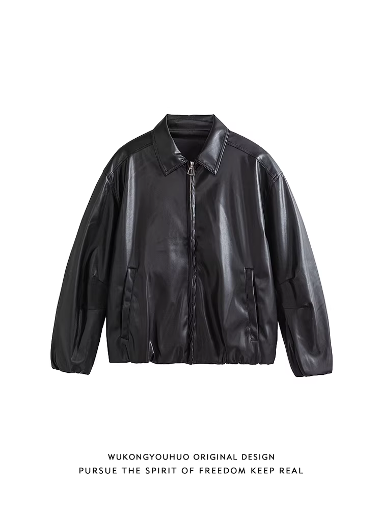Ngộ Không có sẵn áo khoác da ngắn kiểu Mỹ cổ điển cao cấp dành cho nam, áo khoác da PU đơn giản và đa năng có cổ cho mùa thu.