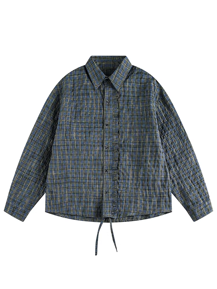 Wukong có sẵn áo sơ mi dài tay chất liệu gạc bong bóng kẻ ca rô kiểu Mỹ cổ điển dành cho nam, áo sơ mi và áo khoác cặp đôi thời trang mùa thu.