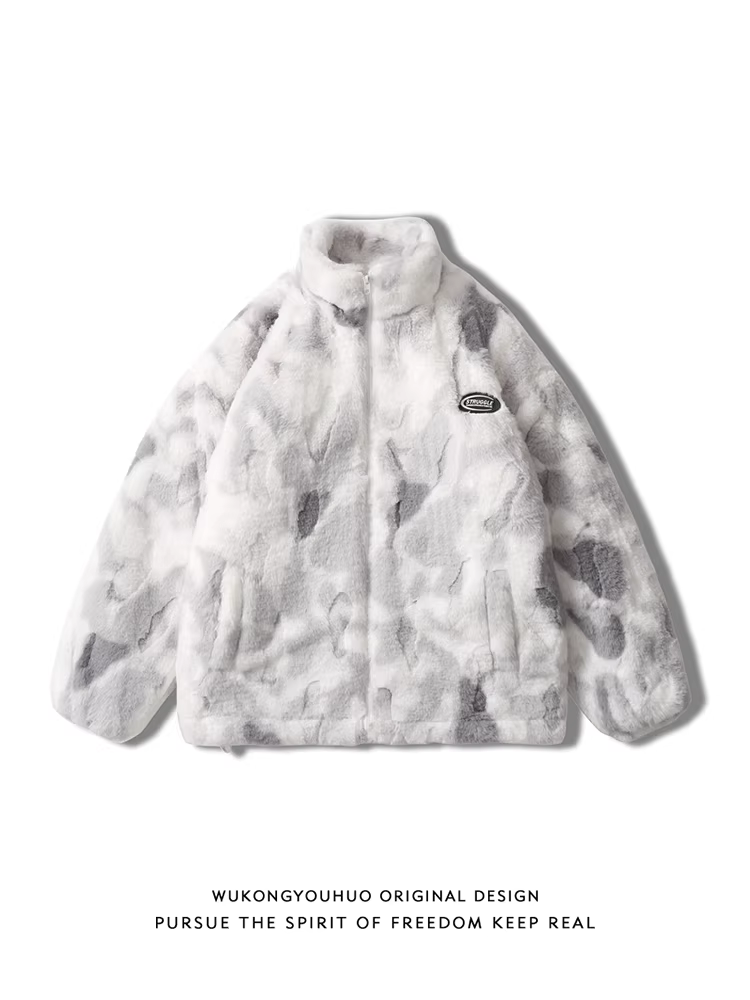 Áo khoác cotton cổ đứng phối màu tie-dye phong cách mùa đông của Wukong dành cho nam, kiểu dáng cổ điển rộng rãi, dày dặn, dành cho cặp đôi.