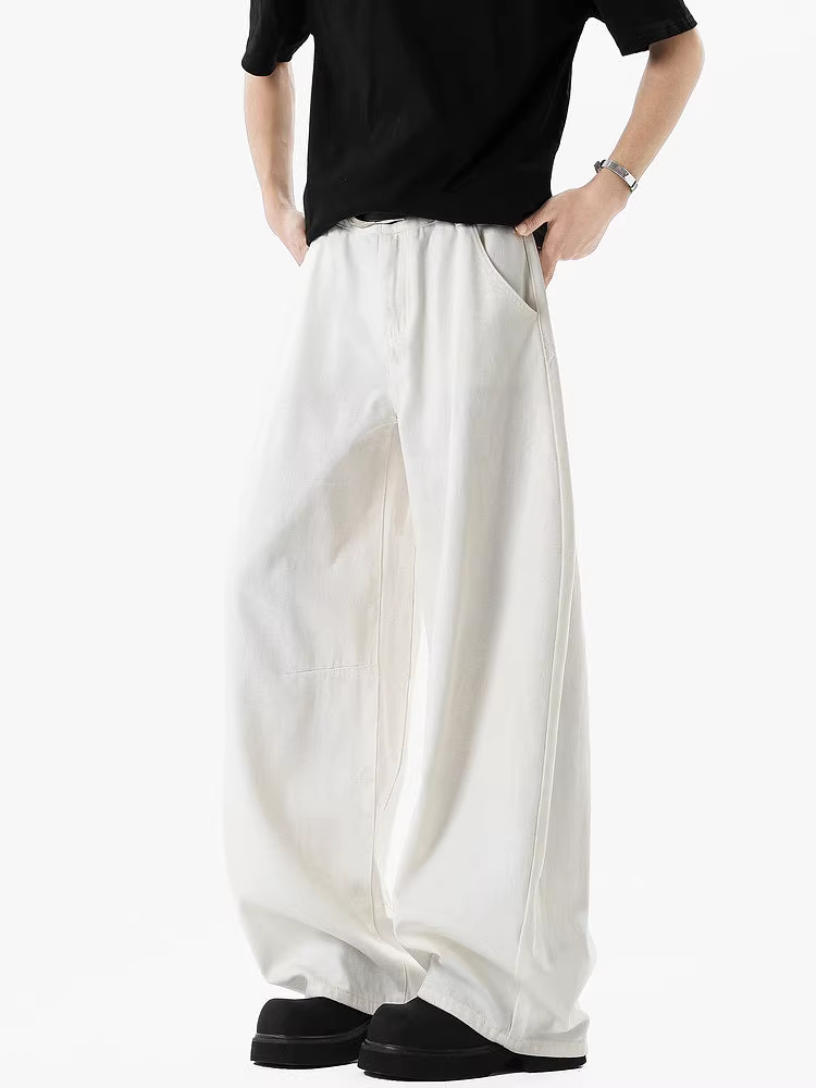 Wukong có sẵn quần jean ống rộng màu trắng tinh khiết kiểu Nhật dành cho nam, quần ống đứng dáng rộng, đa năng, phong cách đơn giản.