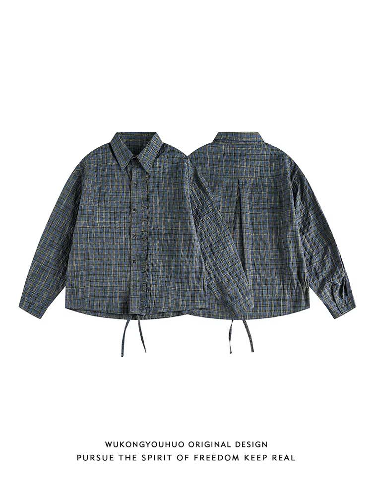 Wukong có sẵn áo sơ mi dài tay chất liệu gạc bong bóng kẻ ca rô kiểu Mỹ cổ điển dành cho nam, áo sơ mi và áo khoác cặp đôi thời trang mùa thu.