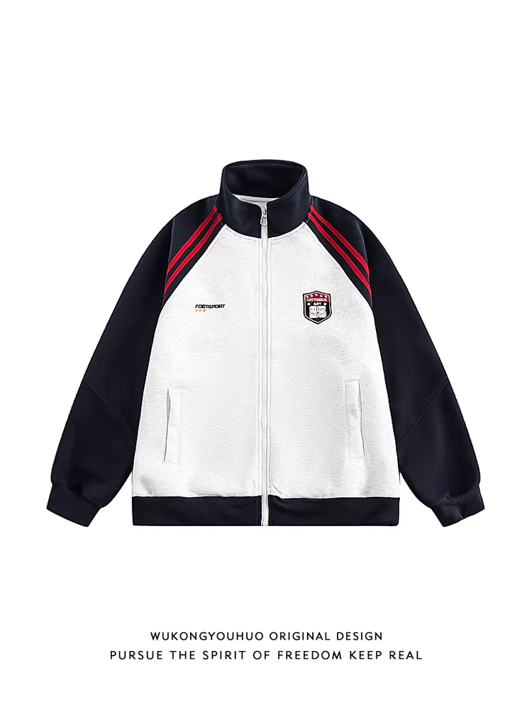 Wukong có sẵn áo khoác cardigan thể thao cổ đứng kiểu Mỹ dành cho nam, thương hiệu thời thượng, phong cách đại học, áo khoác cặp màu phối raglan.