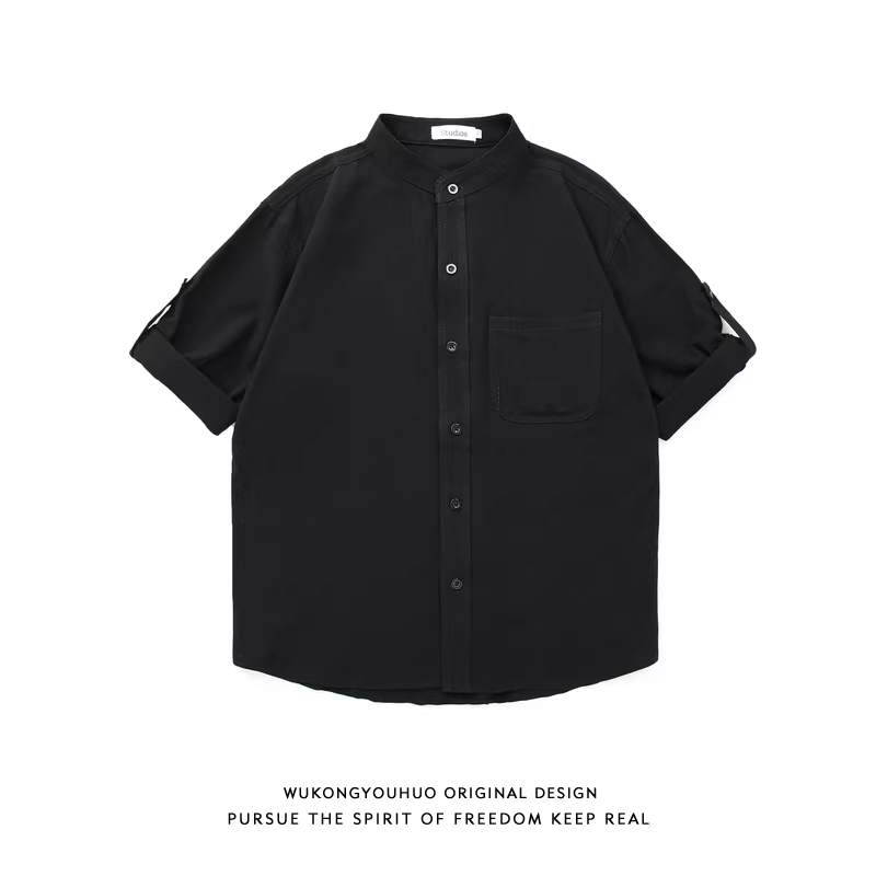 Wukong có sẵn áo sơ mi nam tay ngắn màu trơn phong cách retro Nhật Bản, áo sơ mi mùa hè rộng rãi, kiểu dáng thời trang, phong cách vintage.