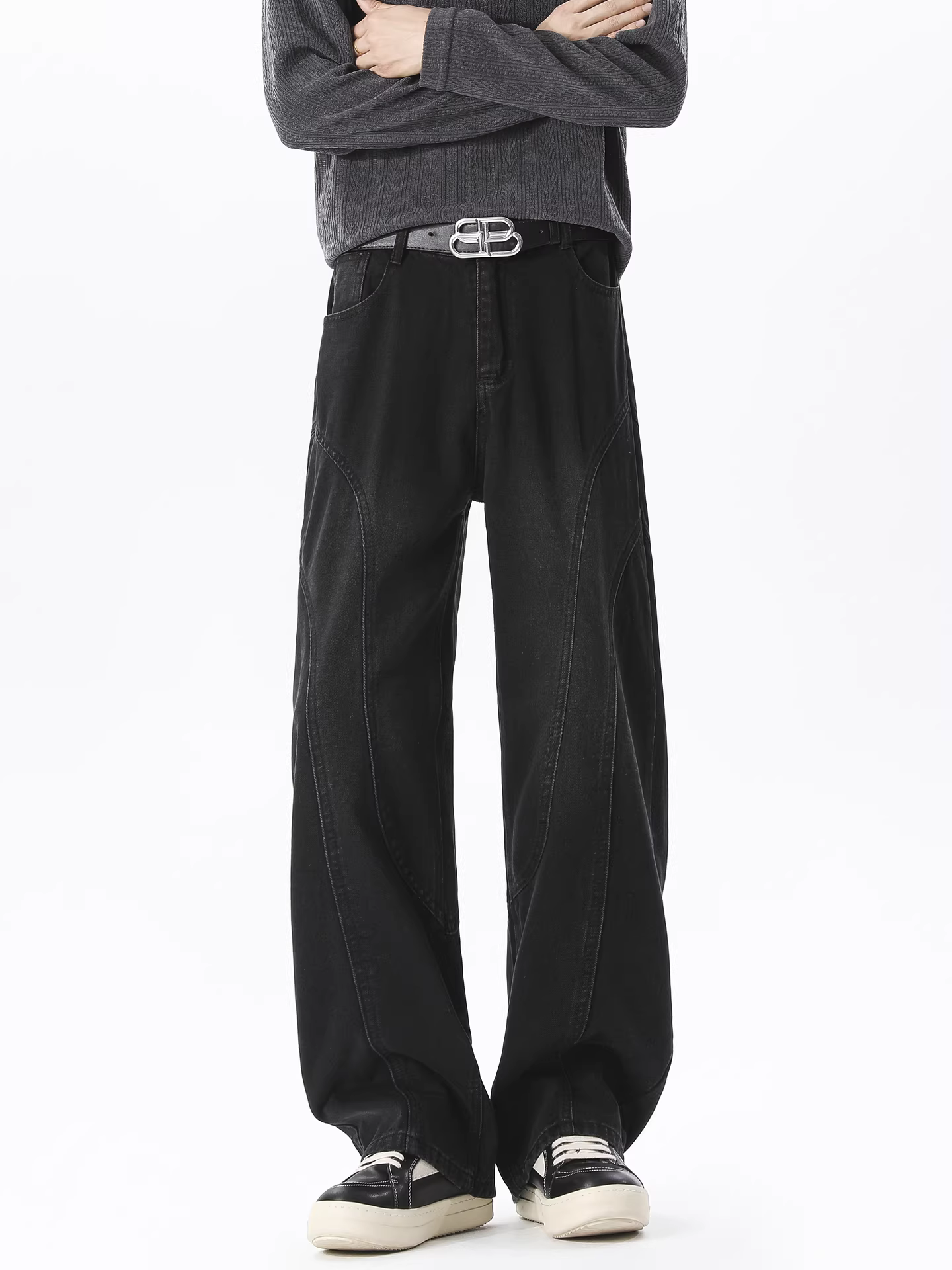 Ngộ Không có sẵn quần jean nam ống thẳng kiểu Mỹ hiện đại, phối vải ghép độc đáo, quần ống rộng vintage, chất liệu washed đa năng.