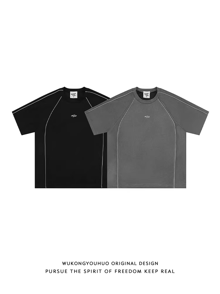 Wukong có sẵn áo thun ngắn tay bằng da lộn có dải phản quang kiểu Mỹ dành cho nam, thương hiệu thời thượng, phong cách đường phố, tay áo rộng năm phần tư.