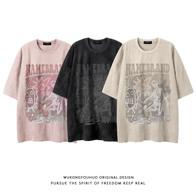 Wukong có sẵn áo thun ngắn tay màu hồng da lộn in hình đầu lâu kiểu Mỹ dành cho nam, áo thun cặp đôi oversize phong cách hip-hop.