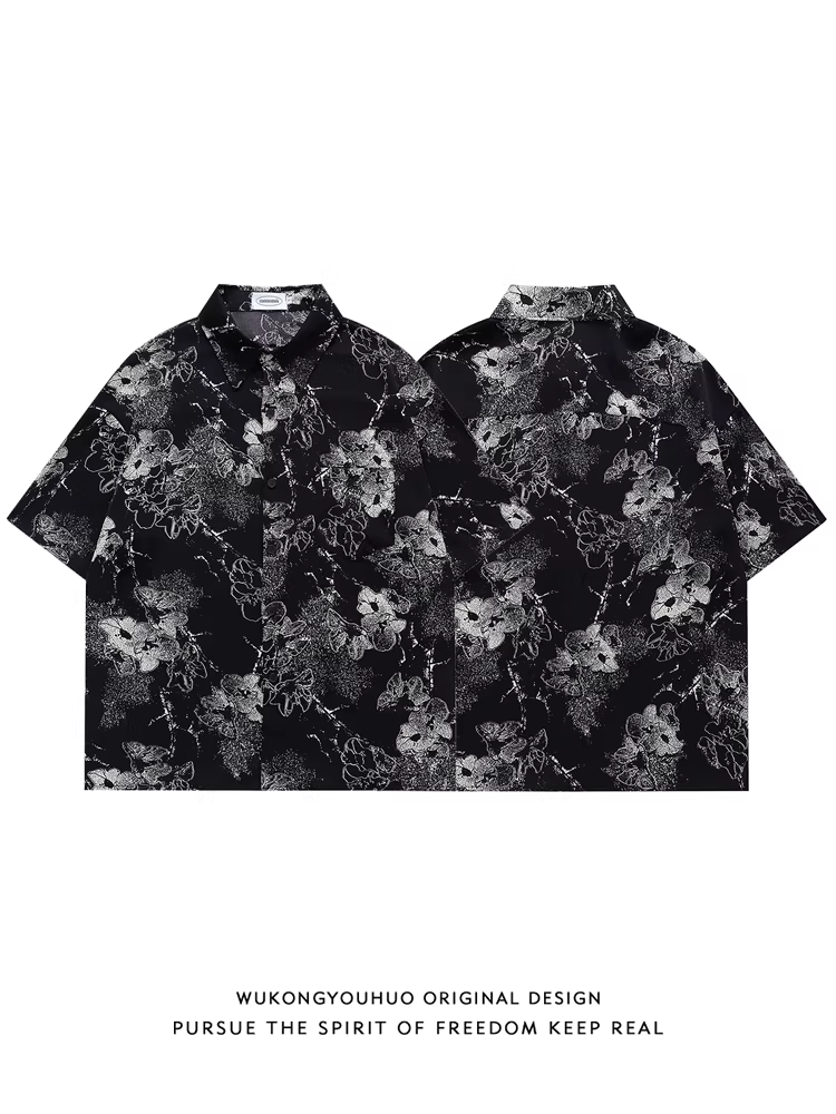 Wukong có sẵn áo sơ mi ngắn tay in hoa màu đen thời trang dành cho nam và nữ, áo sơ mi hoa dáng rộng, mỏng, thoải mái mặc cho mùa hè.