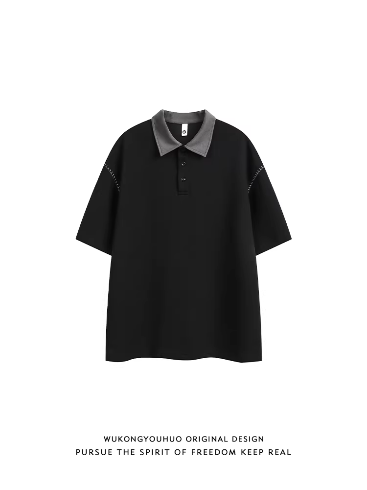 Wukong có sẵn áo thun ngắn tay cổ POLO phối màu mùa hè dành cho nam và nữ, thương hiệu thời thượng, dáng rộng, cảm giác cao cấp, áo thun cổ tròn đa năng.