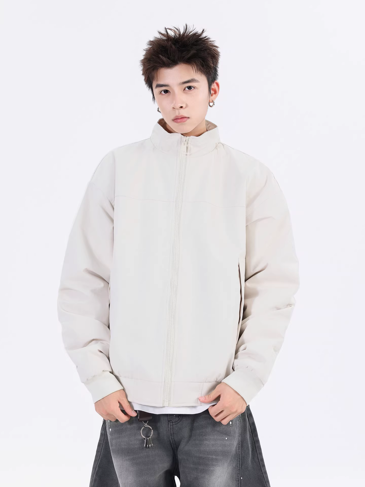 Wukong có sẵn áo khoác cotton kiểu phi công cổ đứng màu trơn hợp thời trang mùa đông dành cho nam, dáng rộng, ấm áp, áo khoác cotton ngắn kiểu công sở.