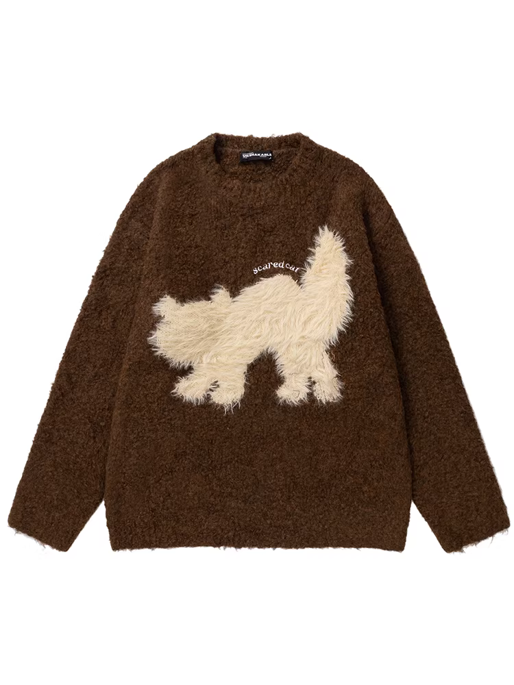 Wukong có sẵn áo len dệt kim cổ tròn họa tiết mèo con phong cách retro Mỹ dành cho nam, thương hiệu thời thượng, áo len chui đầu cặp đôi phong cách giản dị.