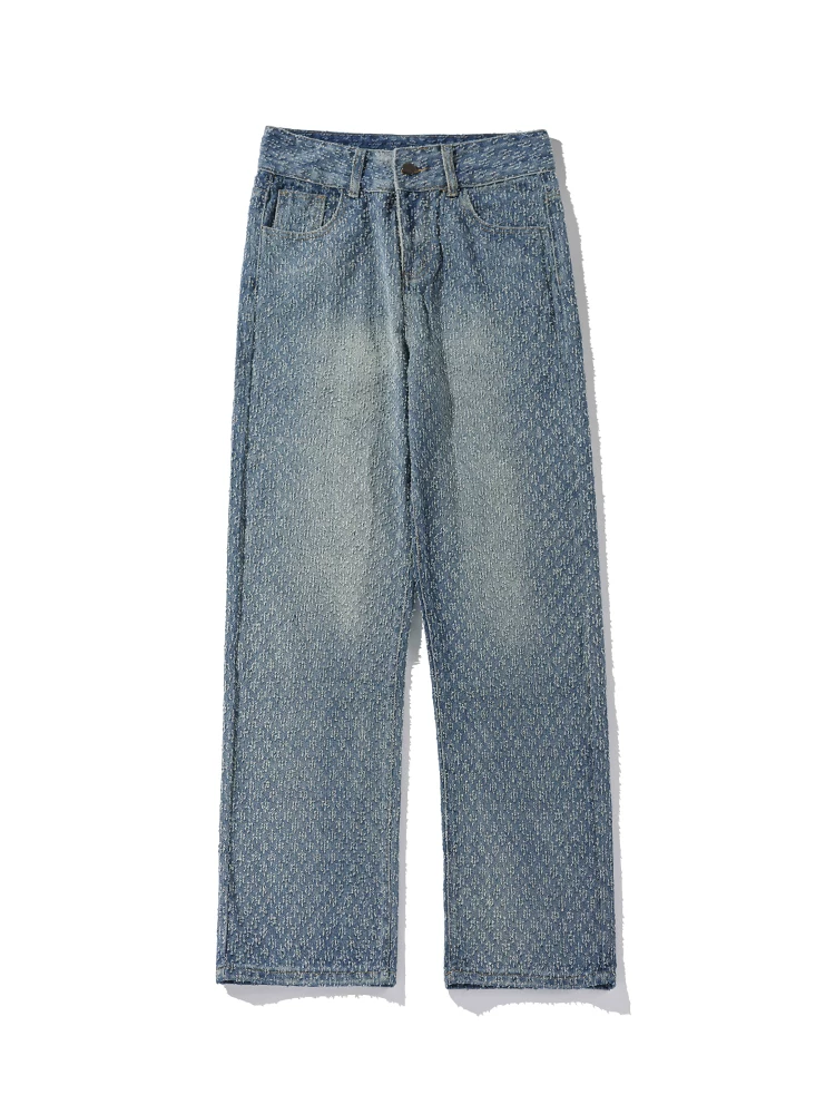 Ngộ Không có sẵn quần jean nam chất liệu jacquard cao cấp kiểu dáng thẳng, phong cách đường phố Mỹ, kiểu dáng rộng thùng thình cổ điển, quần ống rộng đã qua xử lý làm cũ.