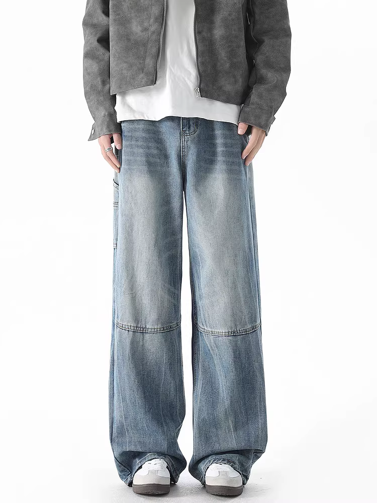 Wukong có sẵn quần jeans kiểu dáng công sở retro Mỹ dành cho nam, quần ống đứng rộng rãi, dài chấm đất, kiểu dáng gọn gàng.