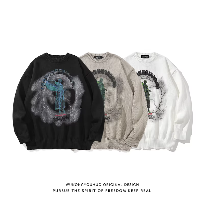 Wukong có sẵn áo len nam cổ tròn in họa tiết graffiti phong cách đường phố Mỹ, kiểu dáng rộng rãi, thoải mái, phong cách thời trang, áo len chui đầu kiểu BF.