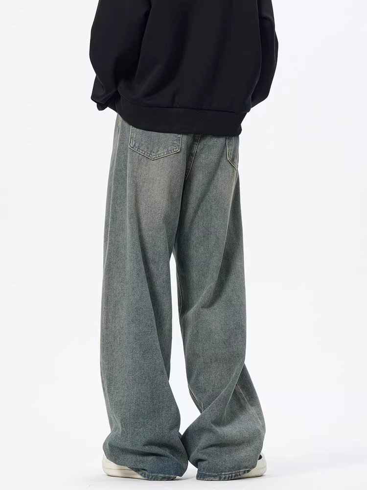 Ngộ Không có sẵn quần jeans ống rộng kiểu Mỹ cổ điển, quần ống đứng đa năng, phong cách đường phố thời thượng, đã qua xử lý làm mềm.