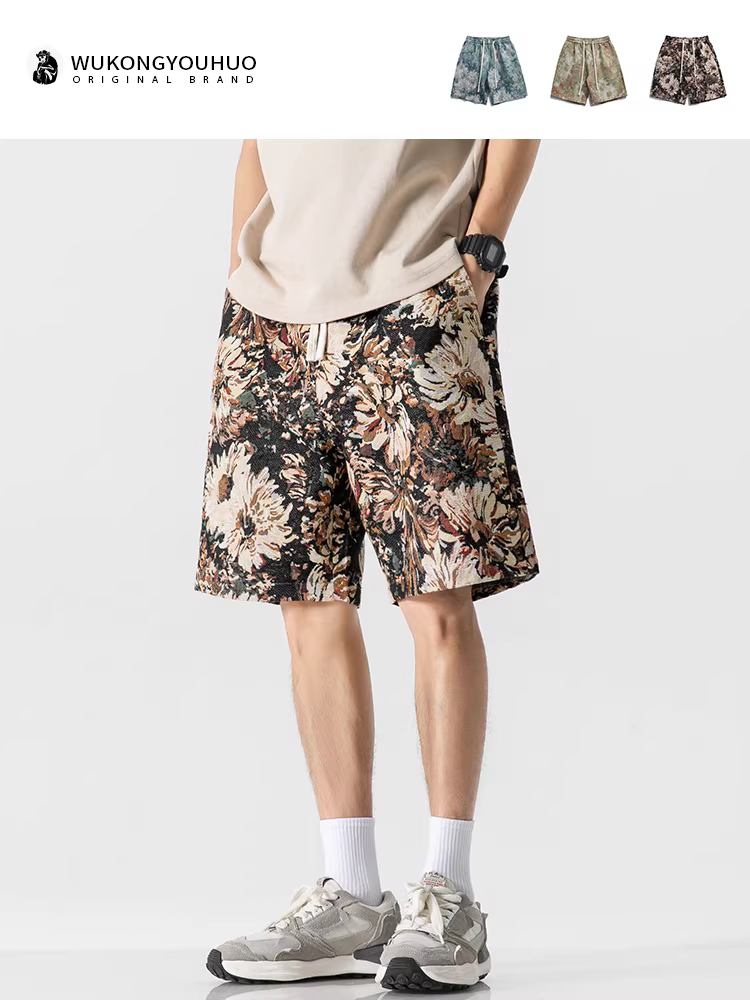 Wukong có sẵn quần short thể thao thêu hoa phong cách retro Mỹ dành cho nam, thương hiệu thời thượng, quần short rộng ống rộng, đa năng, kiểu dáng năng động.