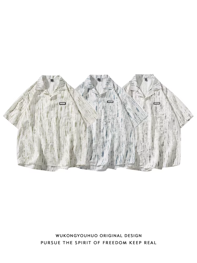 Wukong có sẵn áo sơ mi ngắn tay cổ Cuba nhuộm chàm thời trang mùa hè dành cho nam, áo sơ mi cặp đôi dáng rộng cổ điển đa năng, phong cách thường ngày.