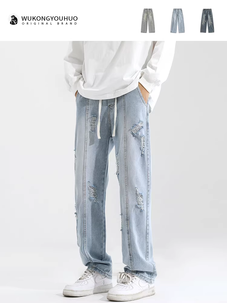 Ngộ Không có sẵn quần jean nam ống đứng rách kiểu Mỹ, quần dài dáng rộng, phong cách cổ điển, hợp thời trang, đa năng, độc đáo.