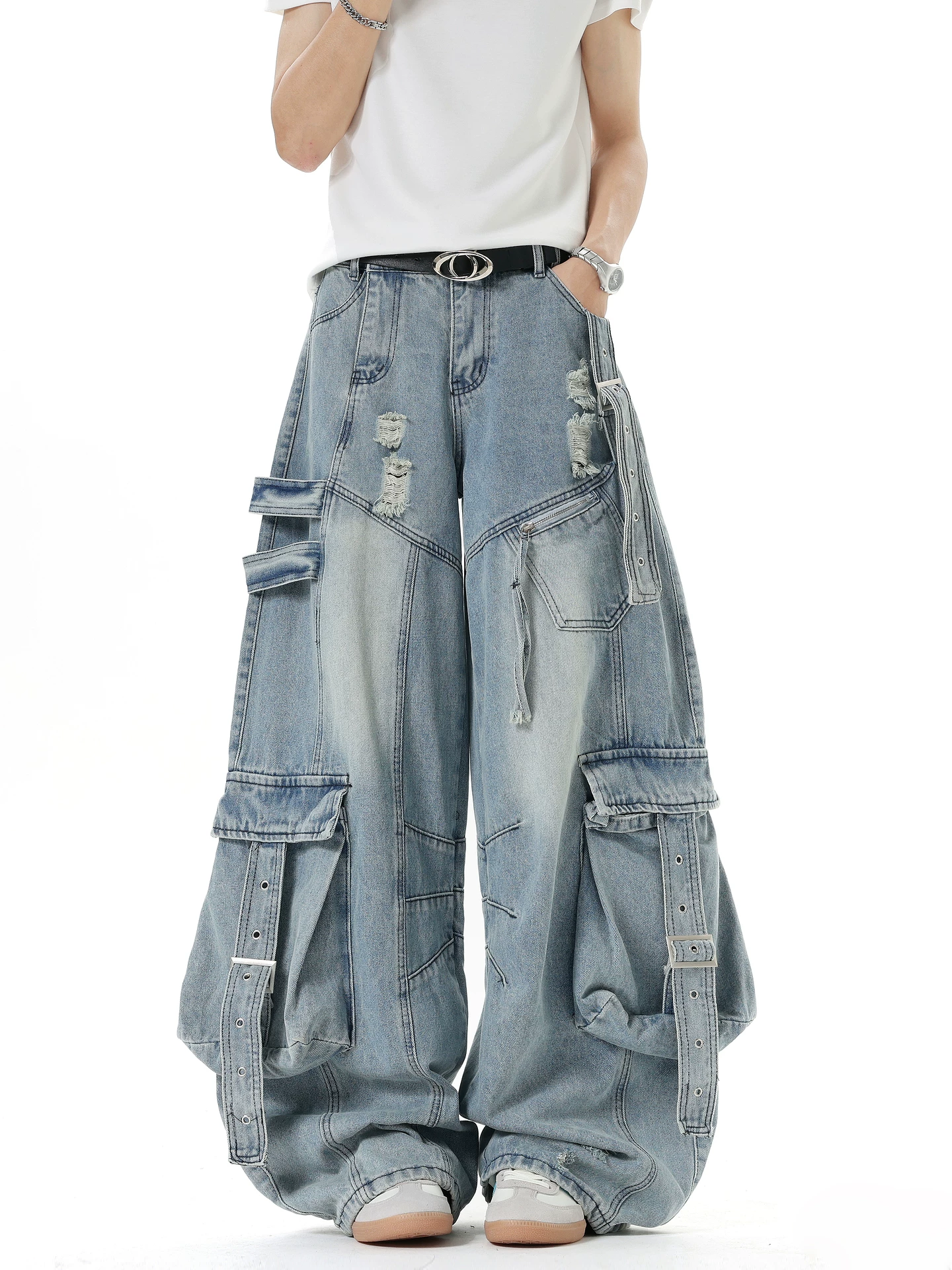 Wukong có sẵn quần jeans kiểu Mỹ nhiều túi dành cho nam và nữ, quần dài dáng rộng, ống thẳng, đa năng, phong cách cổ điển.