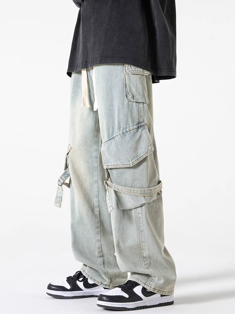 Wukong có sẵn quần jeans kiểu dáng công nhân nhiều túi, phong cách đường phố Mỹ, dành cho nam và nữ, quần dài ống rộng, chất liệu washed, kiểu dáng vintage thời thượng.