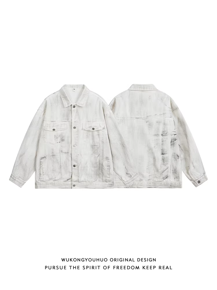 Wukong có sẵn áo khoác denim kiểu Mỹ thời thượng, màu trắng, kiểu dáng cũ kỹ, dành cho nam và nữ, áo khoác rộng rãi, phong cách đường phố, đa năng.
