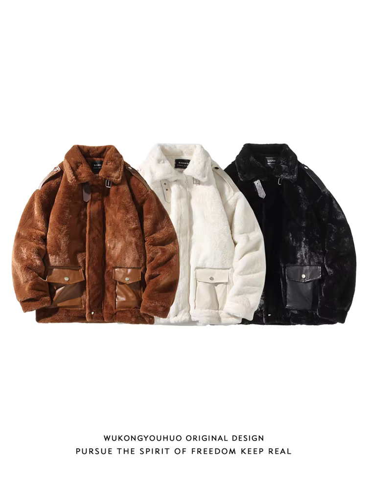 Wukong có sẵn áo khoác cotton dày dặn phối lông thỏ giả cổ điển mùa đông dành cho nam, áo khoác cotton đa năng ấm áp hợp thời trang dành cho cặp đôi.