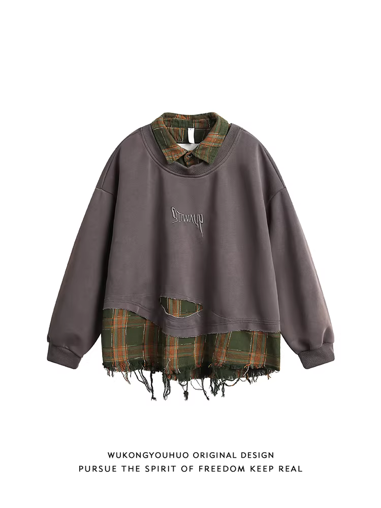 Wukong có sẵn áo sweatshirt phối họa tiết ca rô cổ điển kiểu Mỹ, thiết kế rách cá tính, dành cho nam và nữ, kiểu dáng rộng rãi, hợp thời trang và đa năng cho mùa thu.