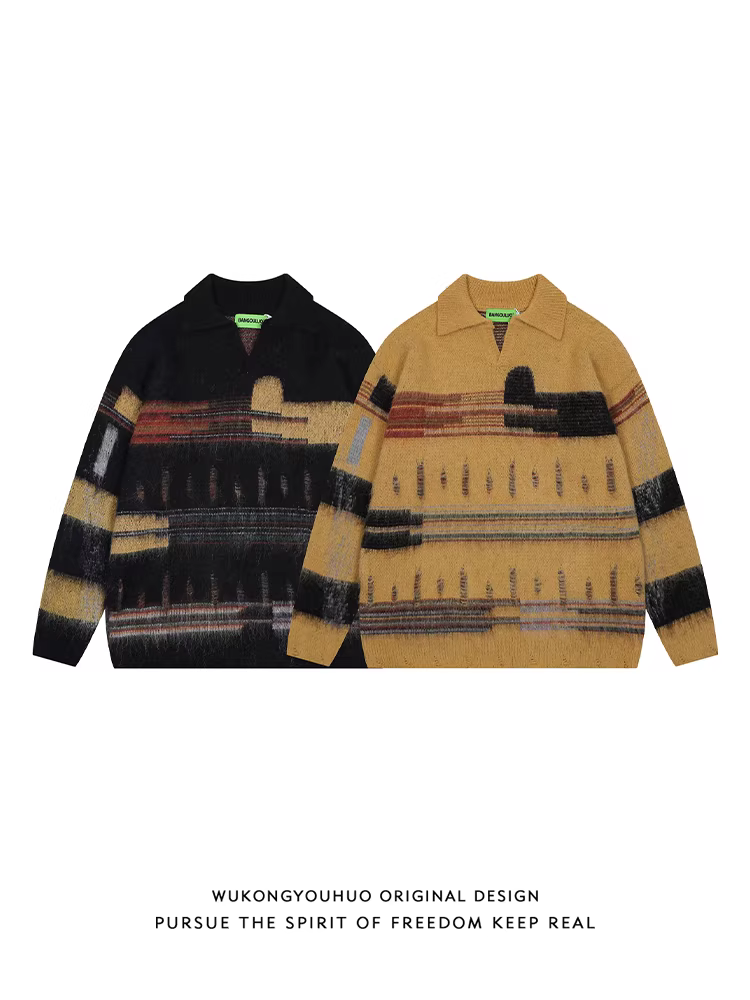Wukong có sẵn áo len nam thiết kế phối màu retro Nhật Bản, kiểu dáng mùa thu đông, phong cách lười biếng, áo len cặp đôi rách cá tính.