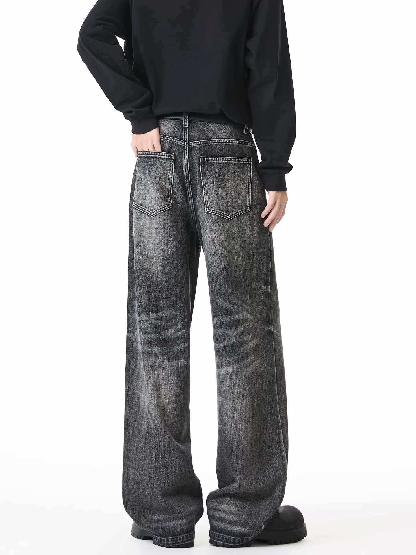 Ngộ Không có sẵn quần jean đen vintage phong cách Mỹ, kiểu dáng sạch sẽ, đã qua xử lý, dành cho nam, quần ống rộng, thoải mái và đa năng.