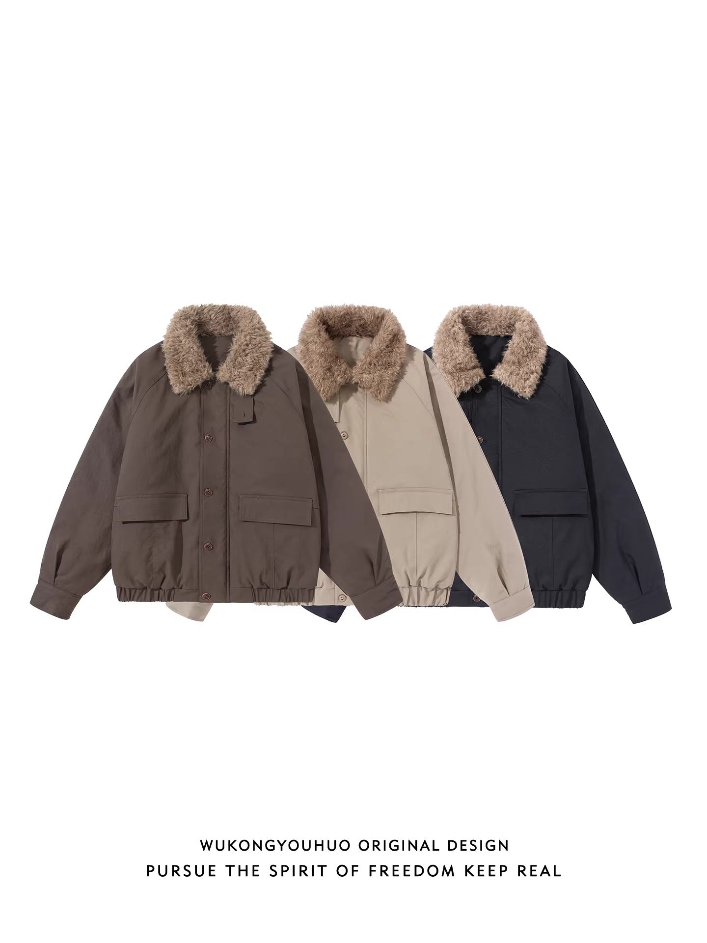 Áo khoác cotton chất liệu len cừu màu trơn phong cách retro Nhật Bản của Wukong dành cho nam, thời trang mùa đông, áo cặp giữ ấm.